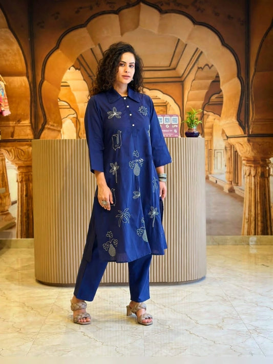Navy Blue Hand-Embroidered Kurta Pant Co-ord Set | Minimal Line Art Motifs