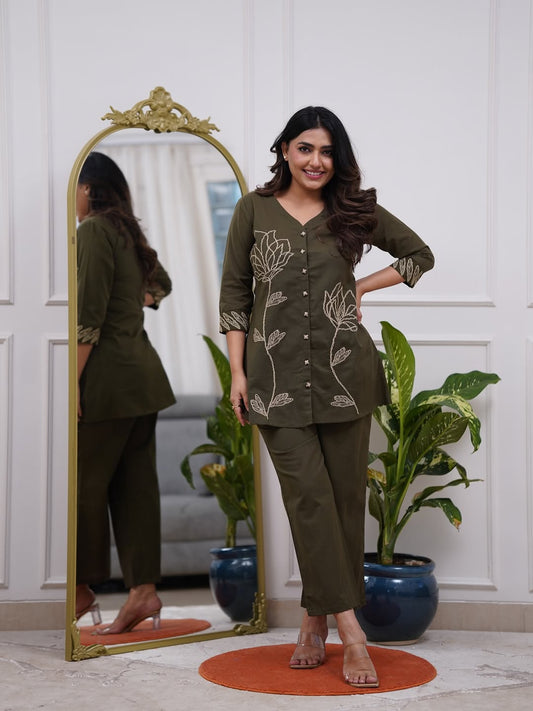 Olive Green Embroidered Kurta Pant Co-ord Set | 3/4 Sleeve Stylish Kurti Set