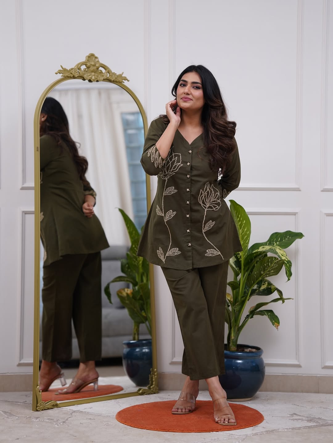 Olive Green Embroidered Kurta Pant Co-ord Set | 3/4 Sleeve Stylish Kurti Set