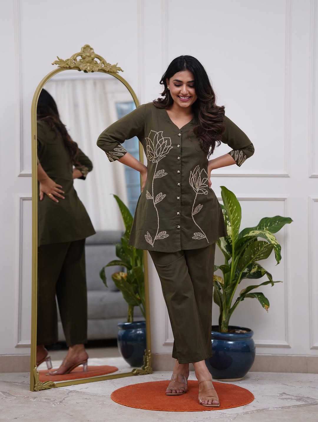 Olive Green Embroidered Kurta Pant Co-ord Set | 3/4 Sleeve Stylish Kurti Set