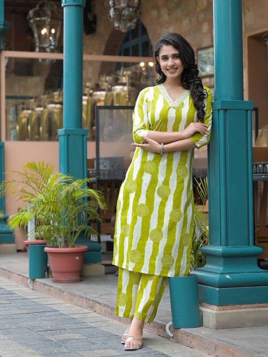 Lime Green & White Printed Kurta Pant Co-ord Set | Stylish V-Neck Women’s Kurti Set