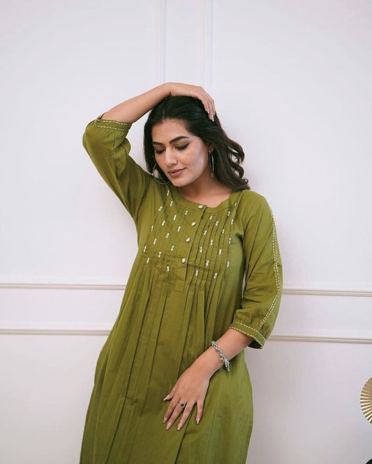 Olive Green Pleated Kurta Pant Set | Elegant Mirror-Work Detailing | Women’s Ethnic Co-ord Set