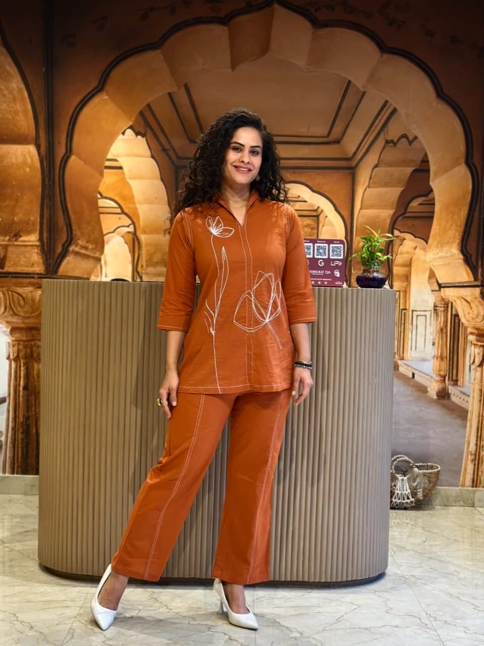 Rust Orange Hibiscus Embroidered Kurta Pant Co-ord Set | Stylish Casual & Office Wear for Women