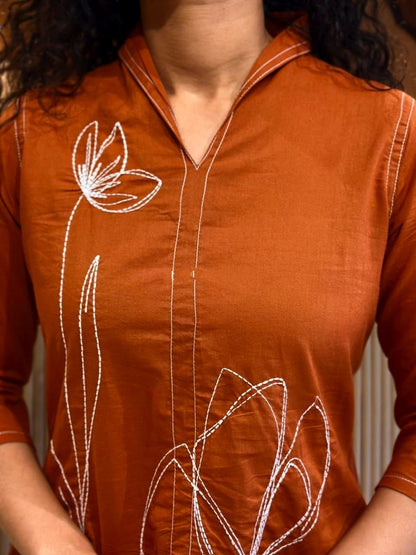 Rust Orange Hibiscus Embroidered Kurta Pant Co-ord Set | Stylish Casual & Office Wear for Women