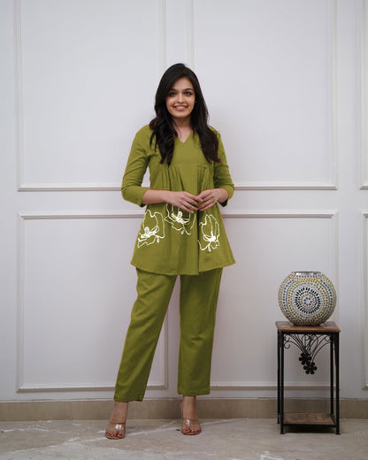 Mehendi Green Floral Embroidered Peplum Kurta Pant Co-ord Set for Women | Trendy Ethnic Wear