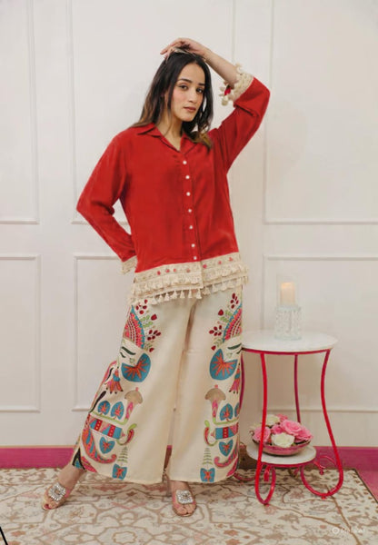 Maroon Short Shirt & Off-White Artistic Printed Palazzo Co-ord Set for Women | Premium Indo-Western Wear