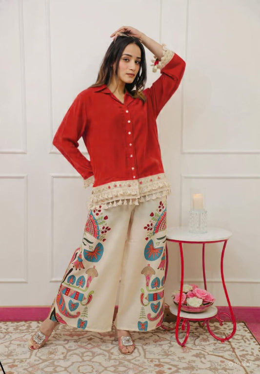 Maroon Short Shirt & Off-White Artistic Printed Palazzo Co-ord Set for Women | Premium Indo-Western Wear