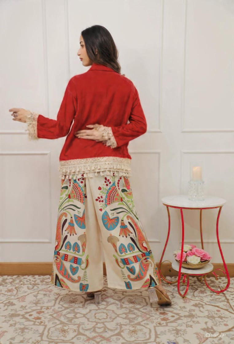 Maroon Short Shirt & Off-White Artistic Printed Palazzo Co-ord Set for Women | Premium Indo-Western Wear
