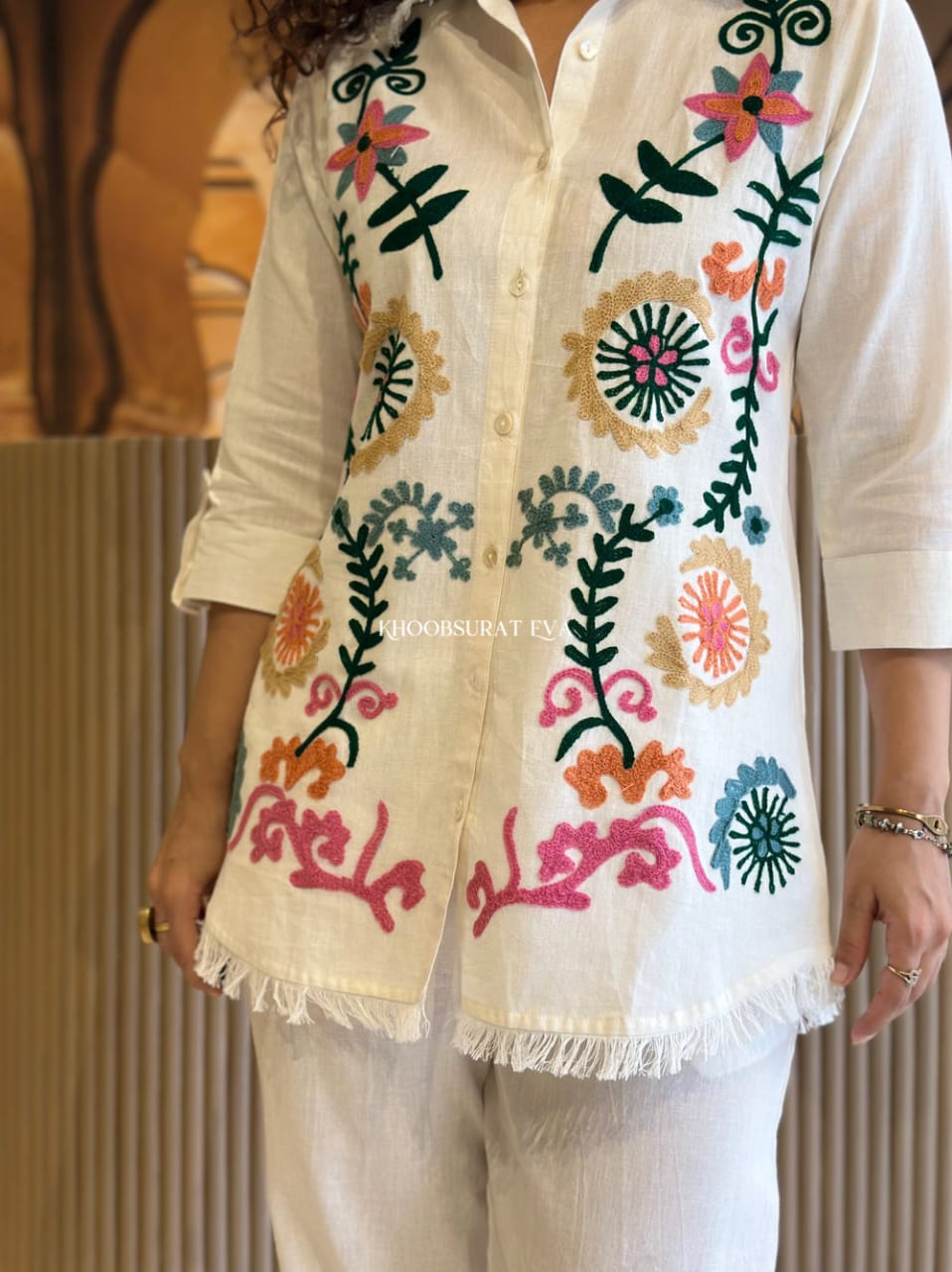 Off-White Embroidered Cotton Co-ord Set for Women | Elegant Casual Wear