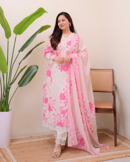 Pink & White Printed Cotton Suit Set for Women | Kurta, Pant & Dupatta | Elegant Floral Design