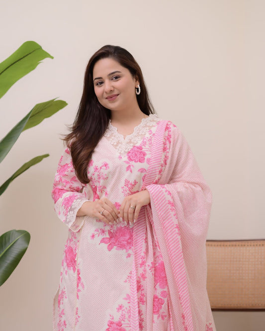 Pink & White Printed Cotton Suit Set for Women | Kurta, Pant & Dupatta | Elegant Floral Design