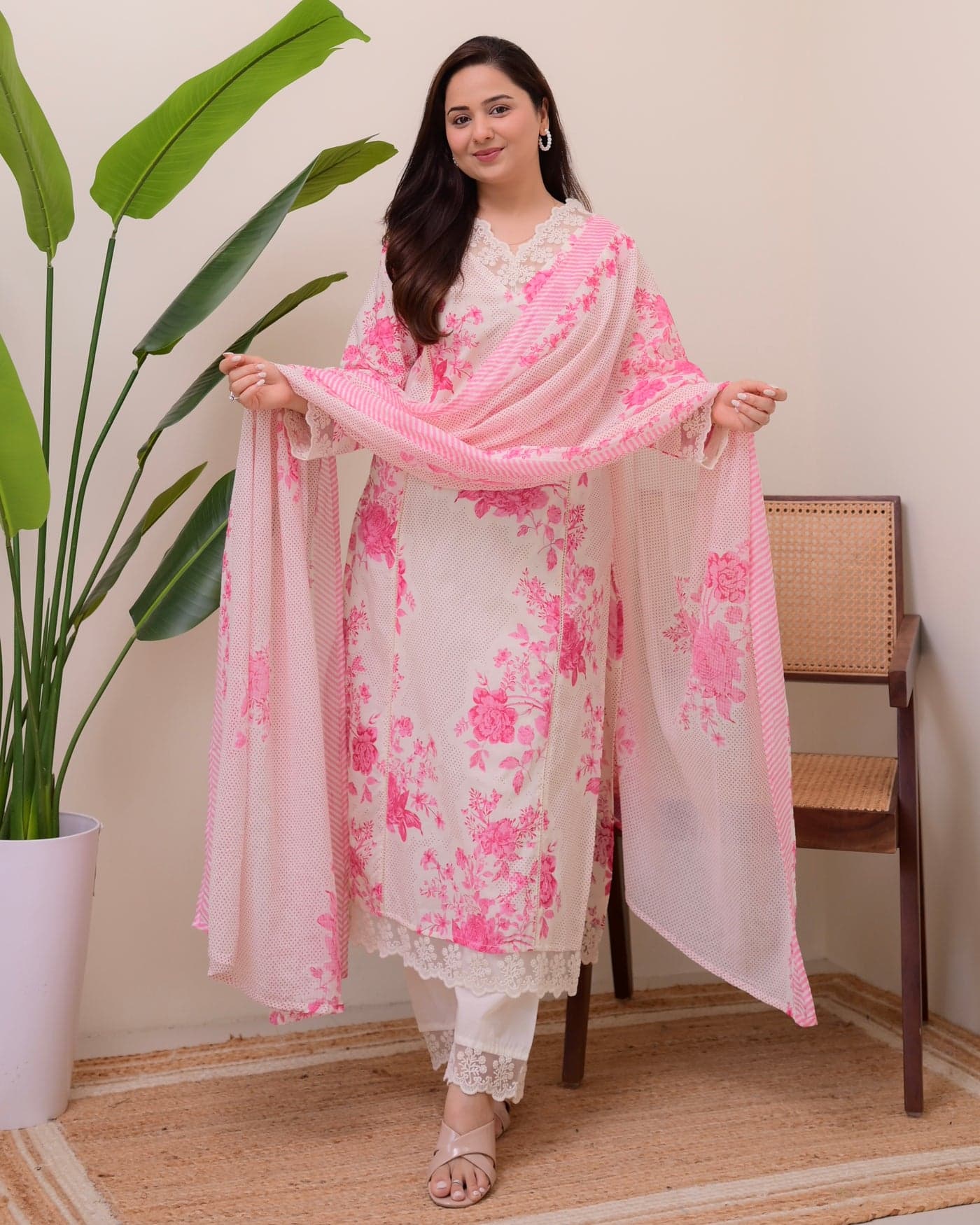 Pink & White Printed Cotton Suit Set for Women | Kurta, Pant & Dupatta | Elegant Floral Design