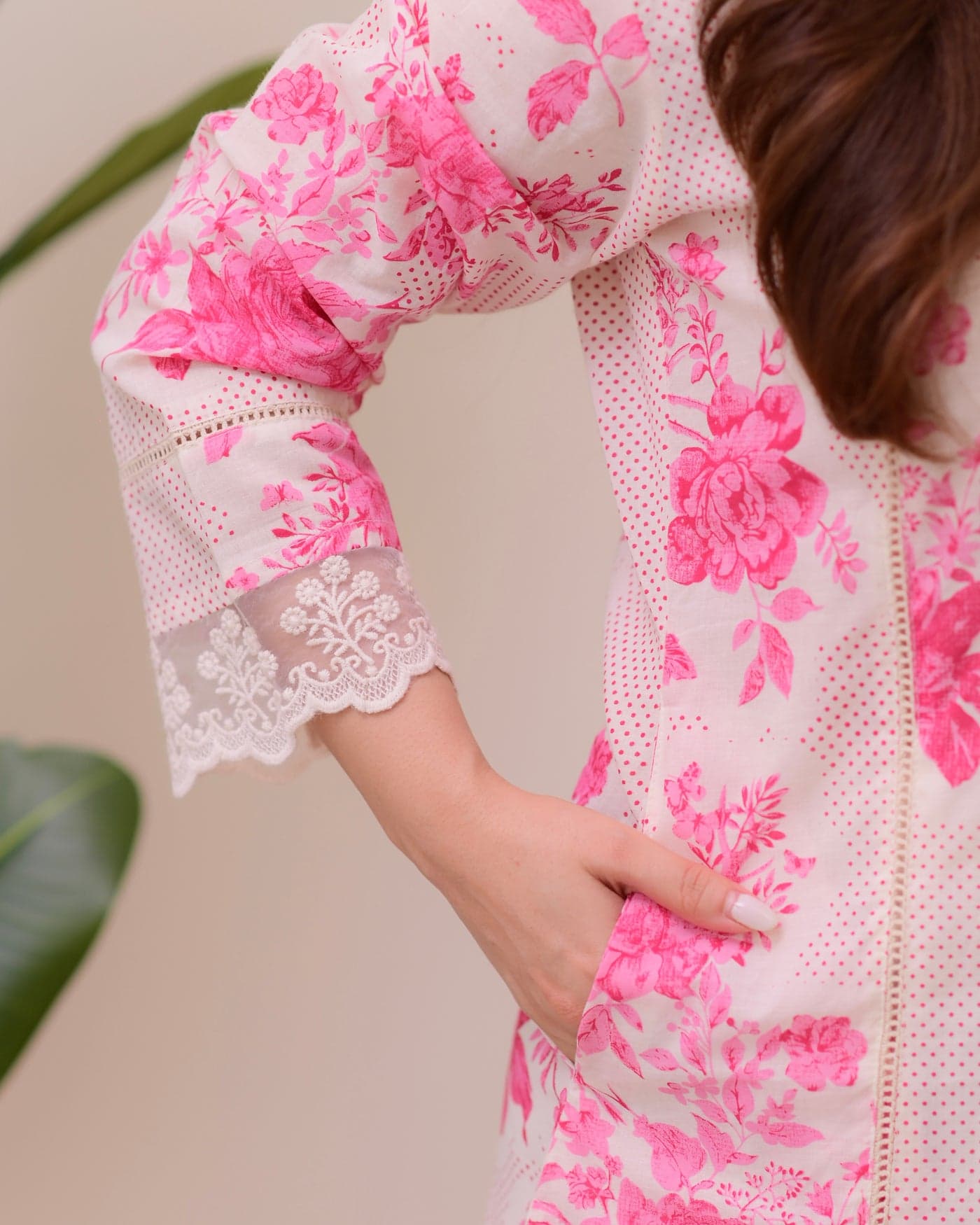 Pink & White Printed Cotton Suit Set for Women | Kurta, Pant & Dupatta | Elegant Floral Design