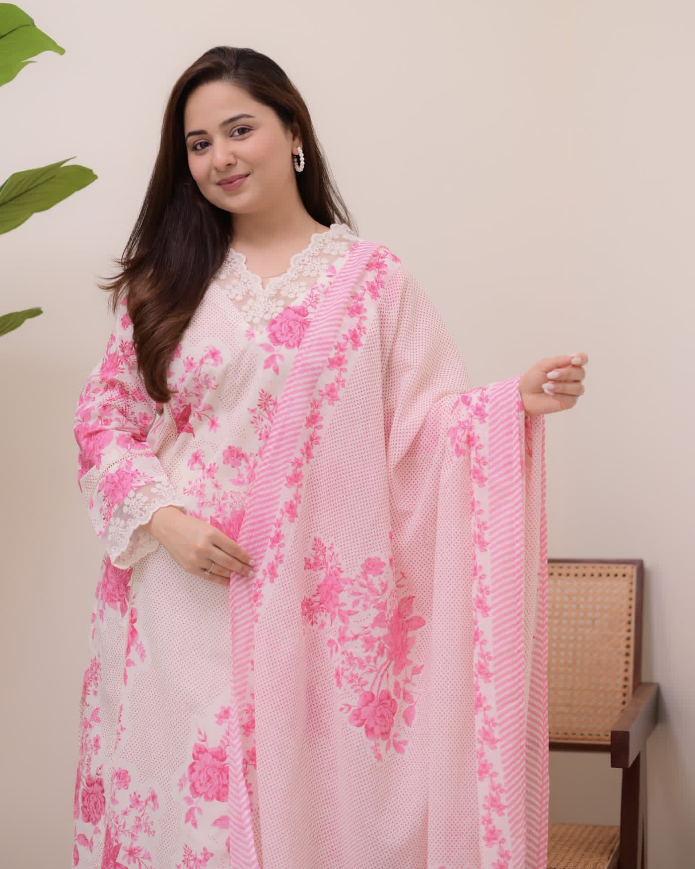 Pink & White Printed Cotton Suit Set for Women | Kurta, Pant & Dupatta | Elegant Floral Design