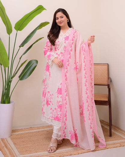 Pink & White Printed Cotton Suit Set for Women | Kurta, Pant & Dupatta | Elegant Floral Design