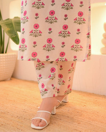 Cream & Pink Floral Printed Cotton Kurta Pant Set for Women | Elegant Daily Wear