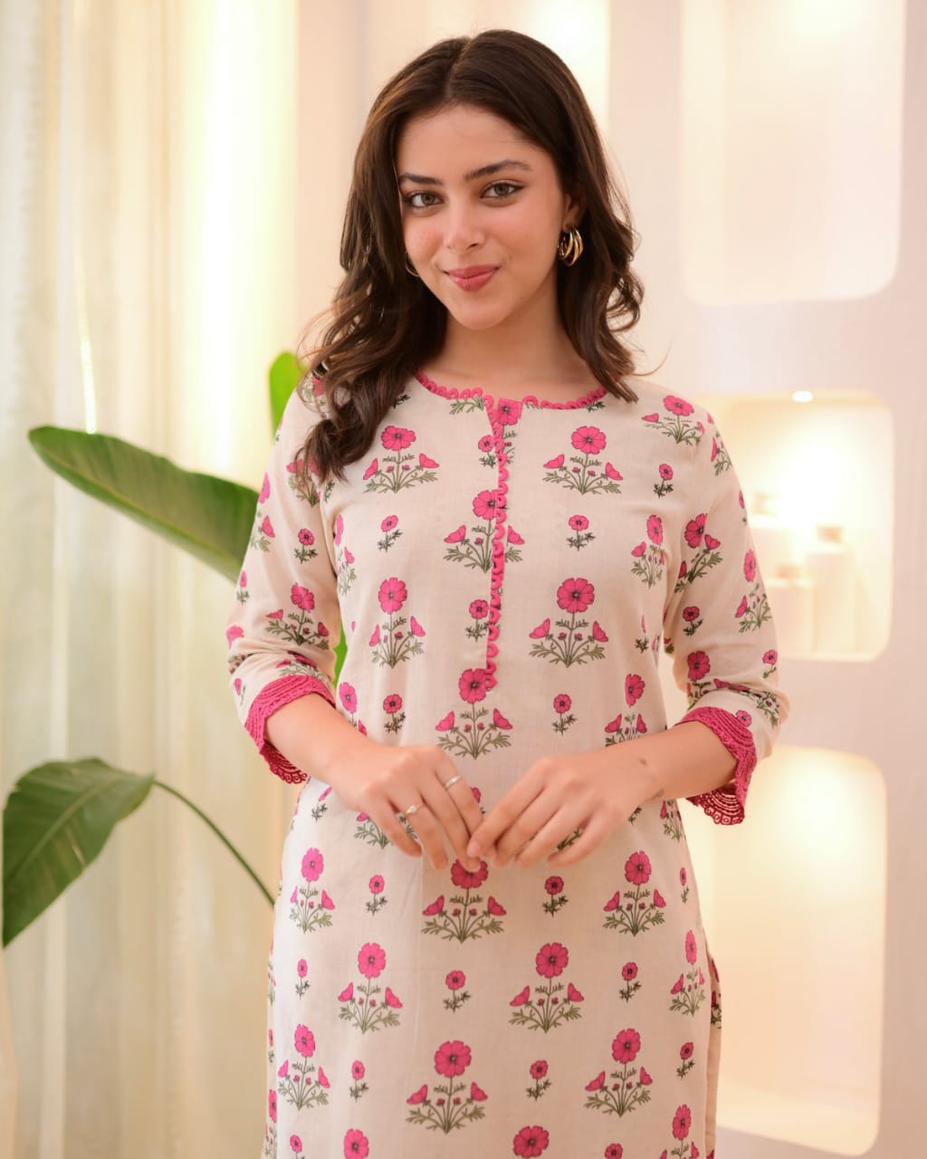 Cream & Pink Floral Printed Cotton Kurta Pant Set for Women | Elegant Daily Wear