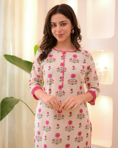 Cream & Pink Floral Printed Cotton Kurta Pant Set for Women | Elegant Daily Wear