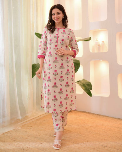 Cream & Pink Floral Printed Cotton Kurta Pant Set for Women | Elegant Daily Wear