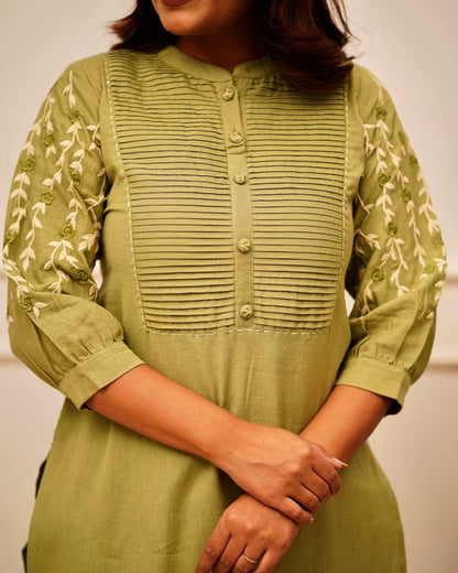 Parrot Green Embroidered Cotton Kurta Pant Set for Women | Elegant Daily & Office Wear