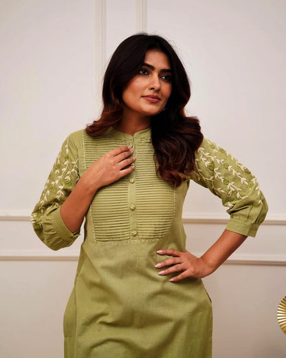 Parrot Green Embroidered Cotton Kurta Pant Set for Women | Elegant Daily & Office Wear