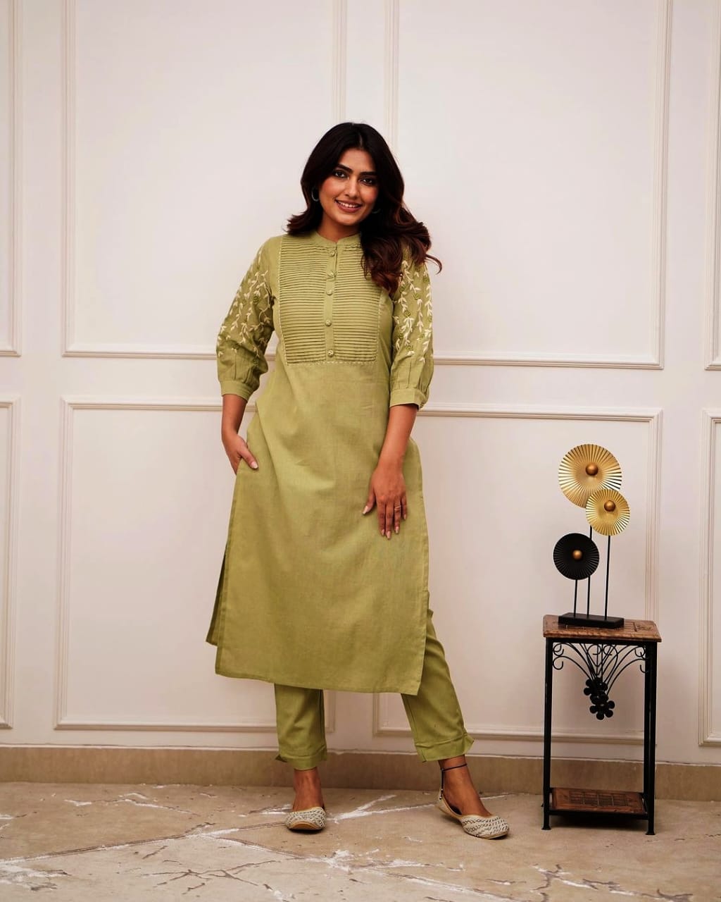 Parrot Green Embroidered Cotton Kurta Pant Set for Women | Elegant Daily & Office Wear