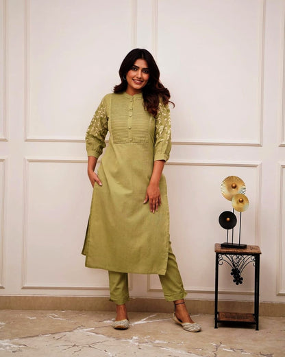 Parrot Green Embroidered Cotton Kurta Pant Set for Women | Elegant Daily & Office Wear