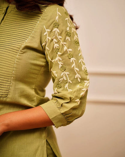 Parrot Green Embroidered Cotton Kurta Pant Set for Women | Elegant Daily & Office Wear