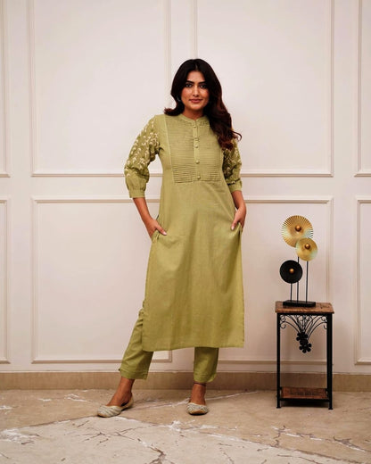 Parrot Green Embroidered Cotton Kurta Pant Set for Women | Elegant Daily & Office Wear