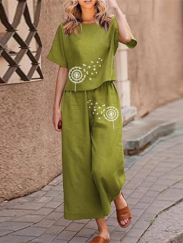 Olive Green Dandelion Print Cotton Co-ord Set for Women | Stylish Casual Wear