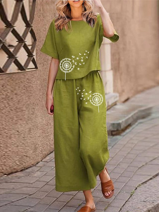 Olive Green Dandelion Print Cotton Co-ord Set for Women | Stylish Casual Wear
