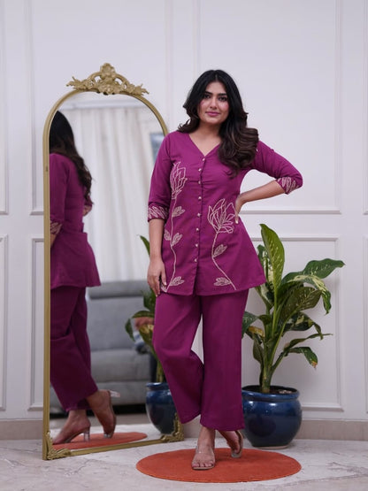 Purple Floral Embroidered Kurta Pant Co-ord Set for Women | Elegant Casual & Festive Wear