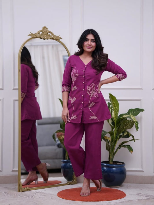 Purple Floral Embroidered Kurta Pant Co-ord Set for Women | Elegant Casual & Festive Wear
