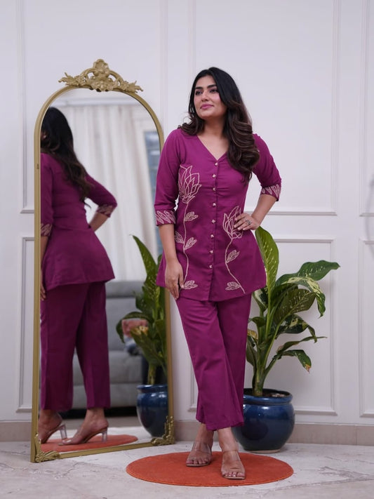 Purple Floral Embroidered Kurta Pant Co-ord Set for Women | Elegant Casual & Festive Wear