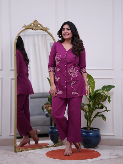 Purple Floral Embroidered Kurta Pant Co-ord Set for Women | Elegant Casual & Festive Wear