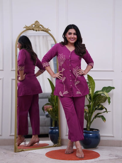 Purple Floral Embroidered Kurta Pant Co-ord Set for Women | Elegant Casual & Festive Wear