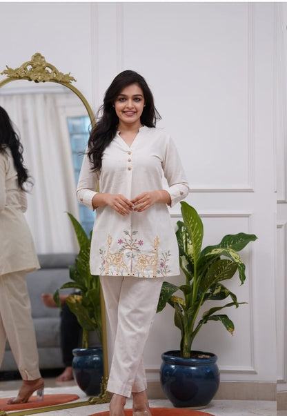 Elegant Cream Deer Embroidery Cotton Kurta Pant Set for Women | Stylish Ethnic Wear