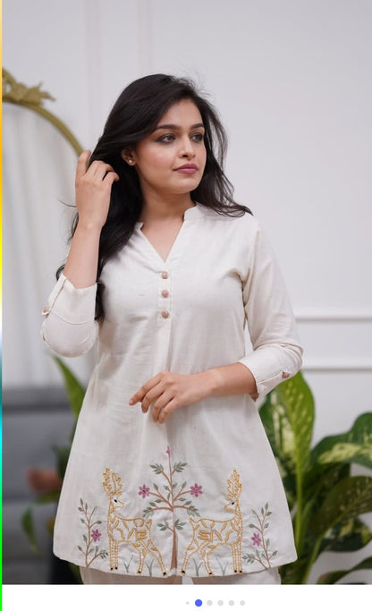 Elegant Cream Deer Embroidery Cotton Kurta Pant Set for Women | Stylish Ethnic Wear