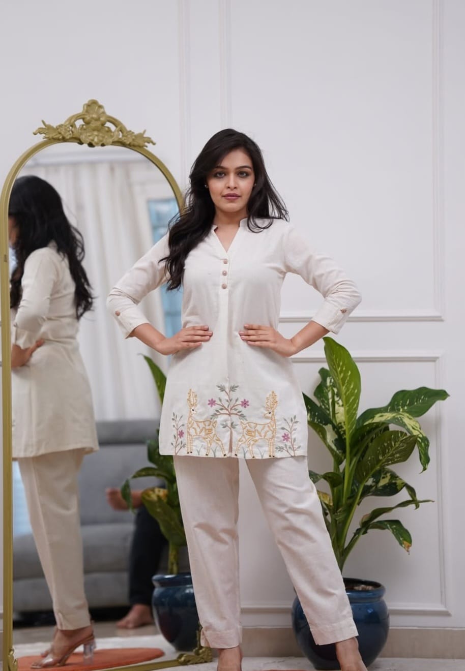 Elegant Cream Deer Embroidery Cotton Kurta Pant Set for Women | Stylish Ethnic Wear
