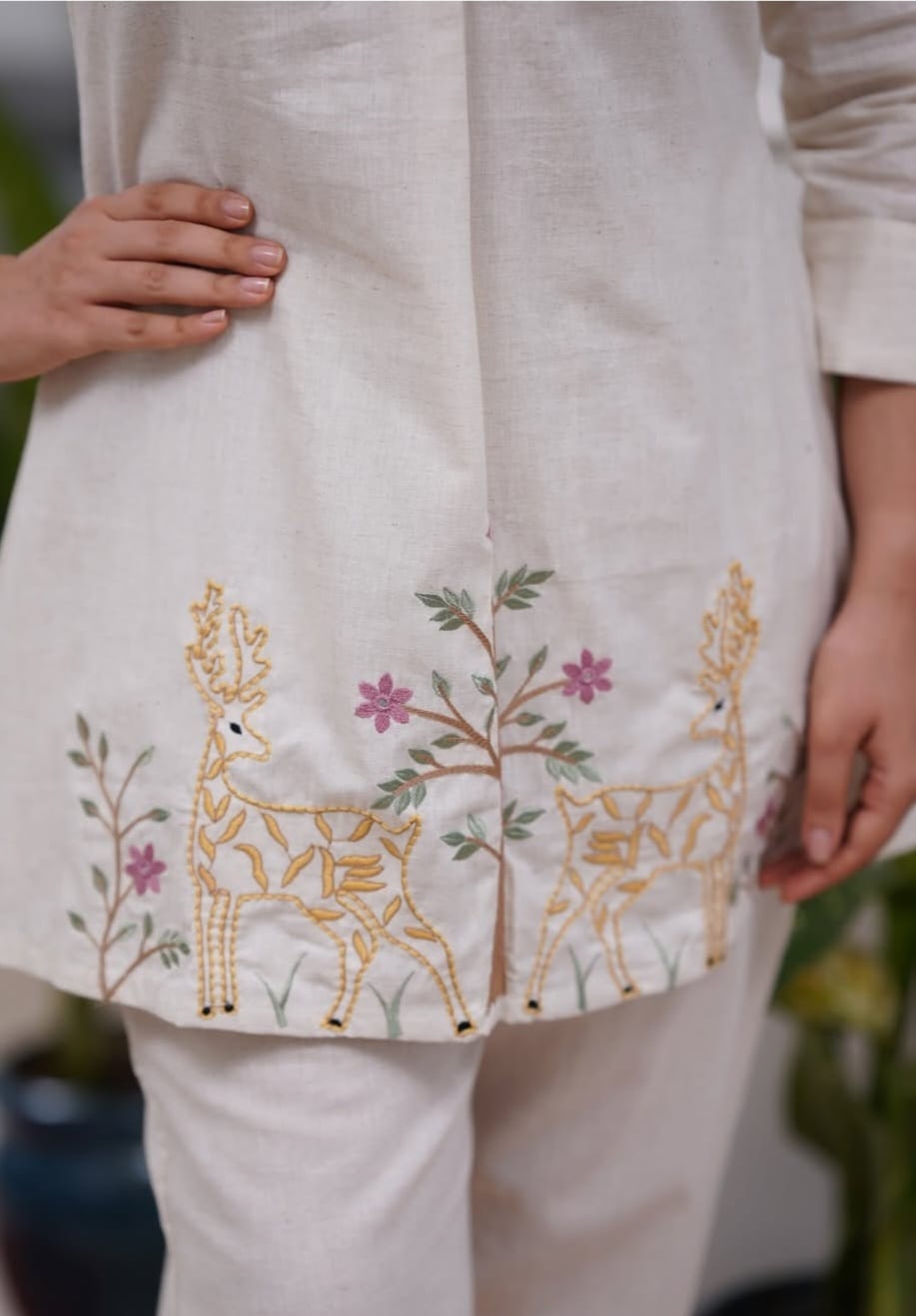 Elegant Cream Deer Embroidery Cotton Kurta Pant Set for Women | Stylish Ethnic Wear