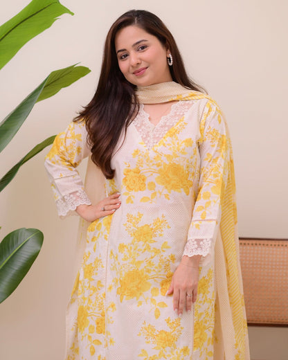 Yellow Floral Embroidered 3-Piece Lawn Suit for Women | Elegant Summer Wear