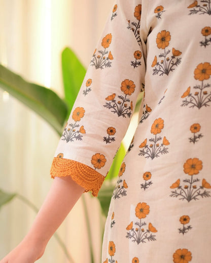 Cream & Mustard Floral Cotton Kurta Pant Set for Women | Soft & Elegant Daily Wear