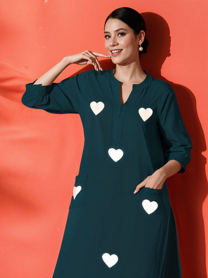 Teal Heart-Embellished Kurta & Pant Set for Women | Stylish Modern Casual Wear