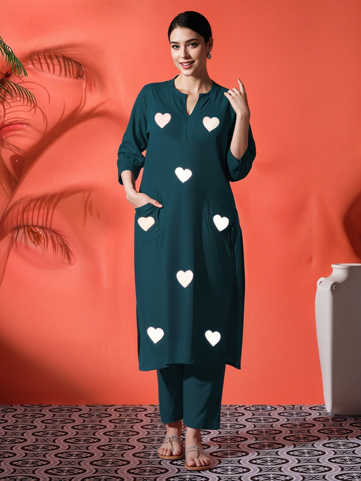 Teal Heart-Embellished Kurta & Pant Set for Women | Stylish Modern Casual Wear