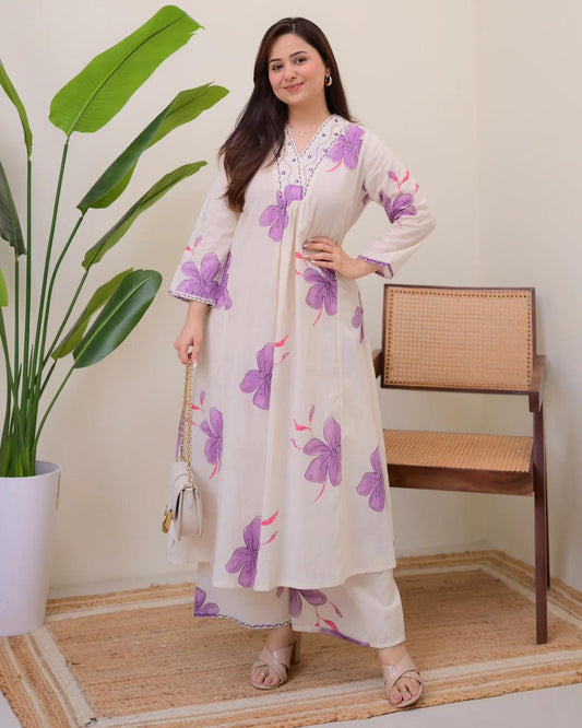 Purple Floral Printed Cotton Kurta & Pant Set for Women | Soft & Elegant Summer Wear