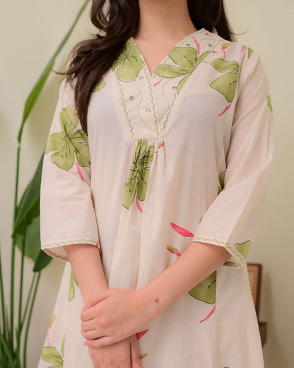 Cream & Green Floral Printed A-Line Kurta With Pants for Women | Elegant Summer Wear