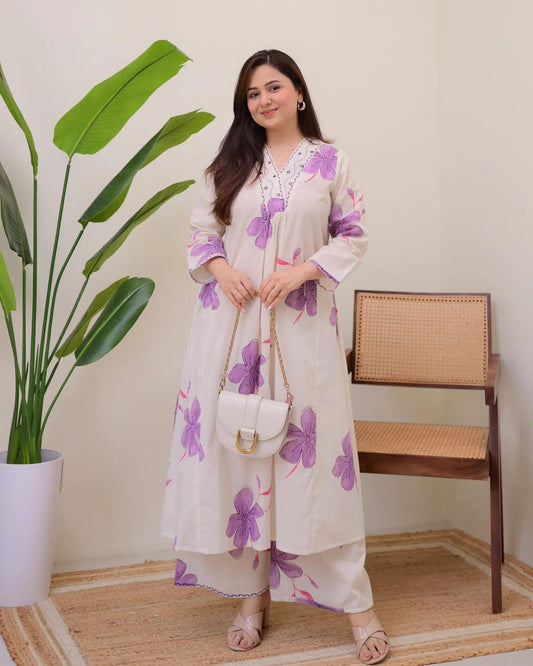 Purple Floral Printed Cotton Kurta & Pant Set for Women | Soft & Elegant Summer Wear