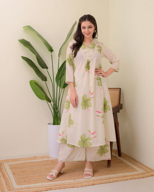 Cream & Green Floral Printed A-Line Kurta With Pants for Women | Elegant Summer Wear