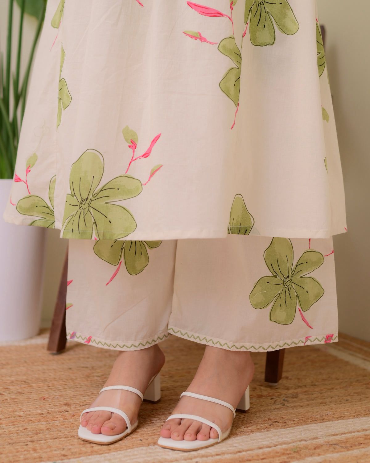 Cream & Green Floral Printed A-Line Kurta With Pants for Women | Elegant Summer Wear
