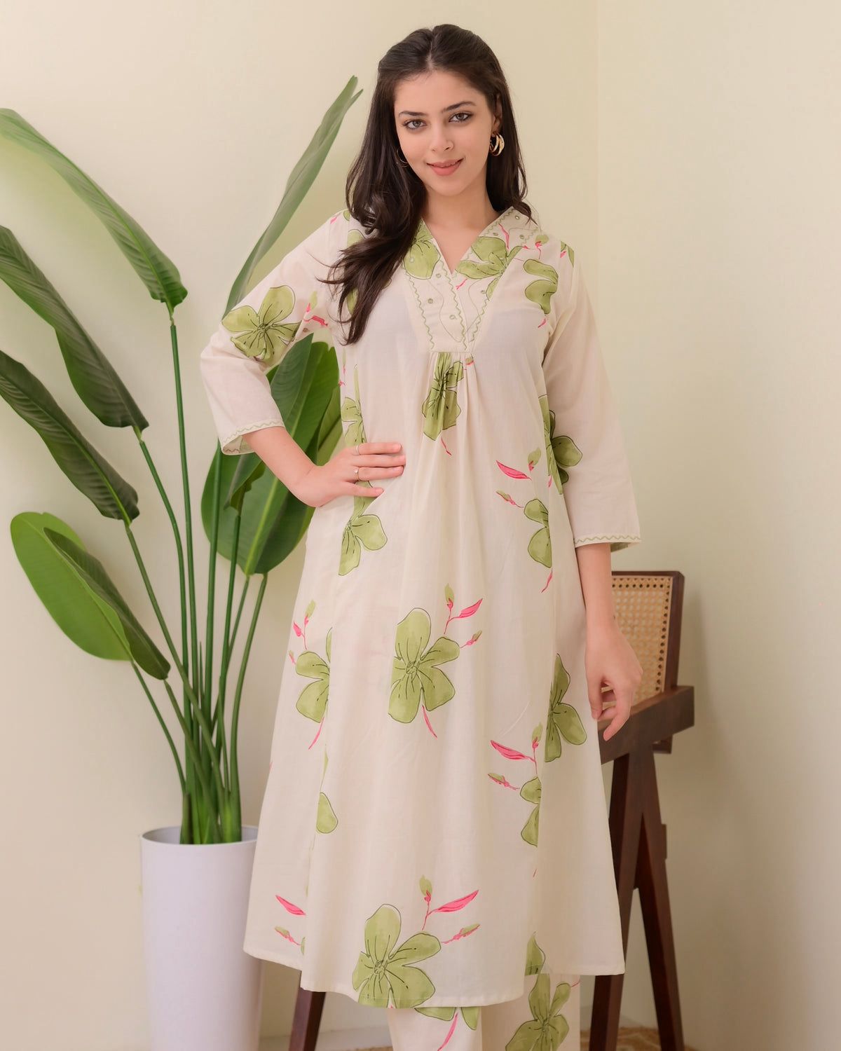 Cream & Green Floral Printed A-Line Kurta With Pants for Women | Elegant Summer Wear